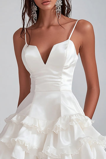 White Ruffled Spaghetti Straps Satin Mini Dress